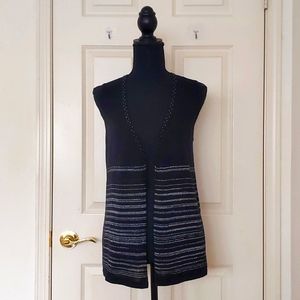 Beads Décor V-Neck Black Lightweight Sweater Vest with Sparkle Silver Stripes.
